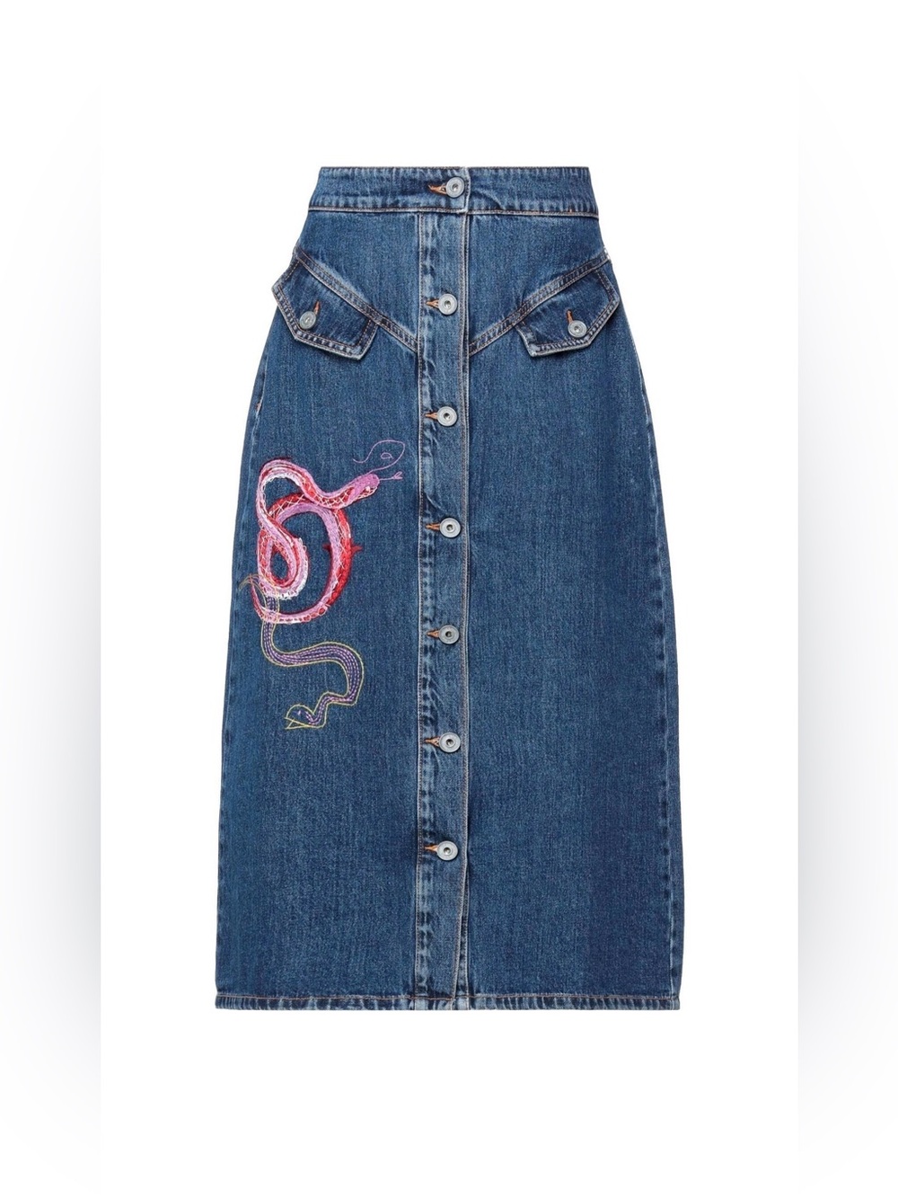 OTTOD’AME Denim Button-Front Midi Skirt with Embroidered Detail - Blue